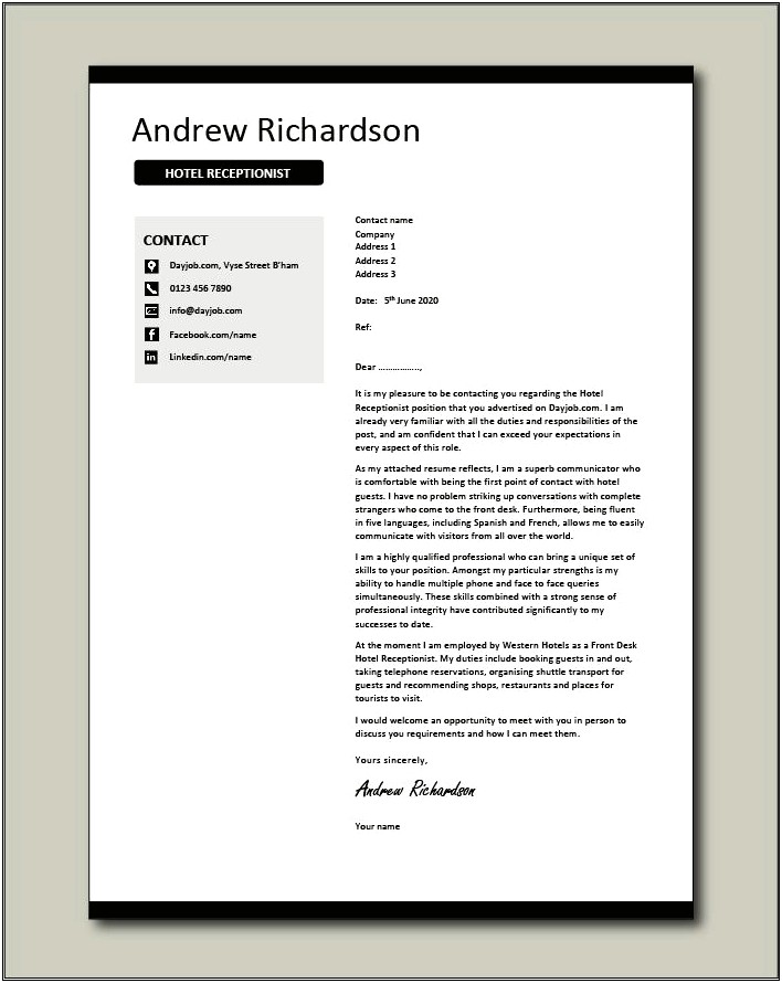 Entry Level Receptionist Cover Letter Template