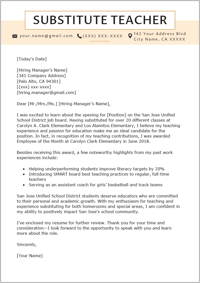 Entry Level Teacher Cover Letter Template