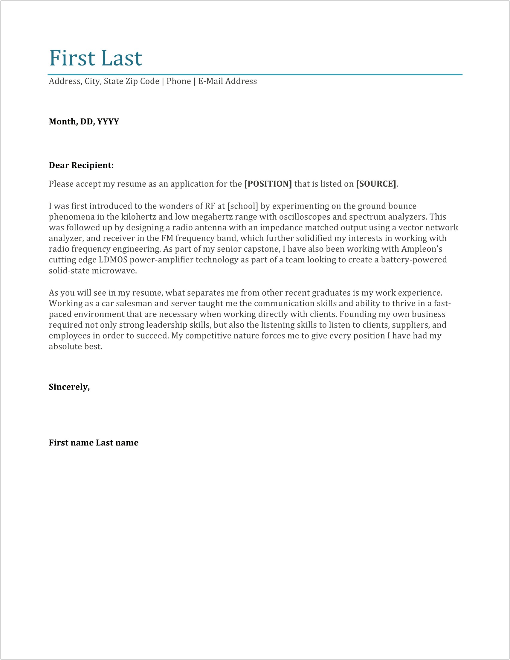 Entry Levelelectrical Engineering Cover Letter Template