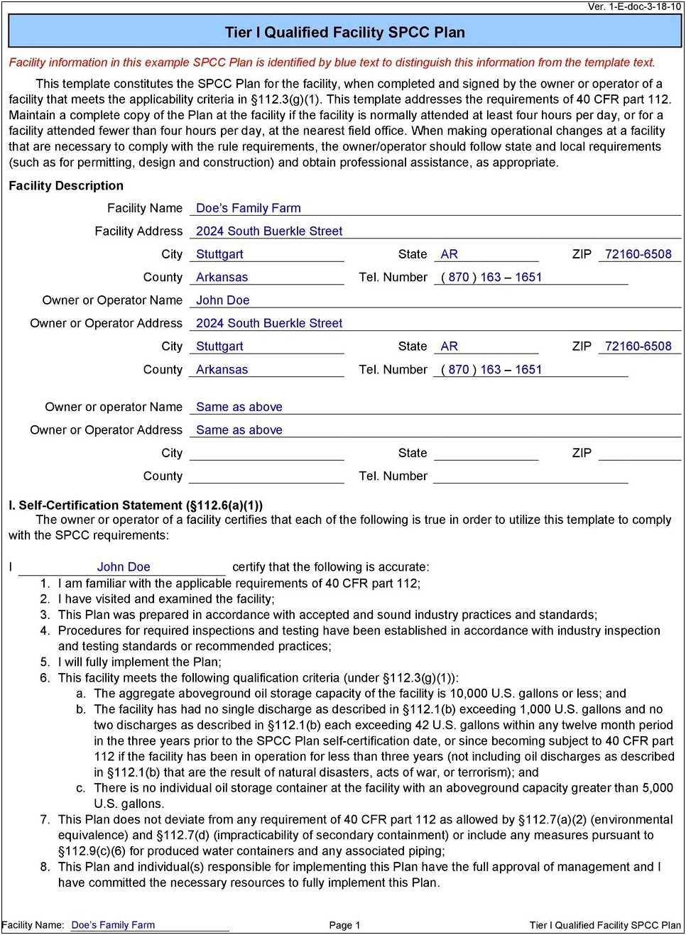 Epa Tier 1 Qualified Facility Spcc Plan Template