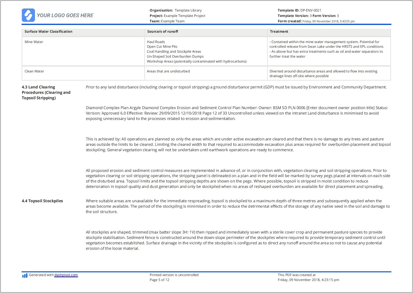 Erosion And Sedimentation Control Plan Template