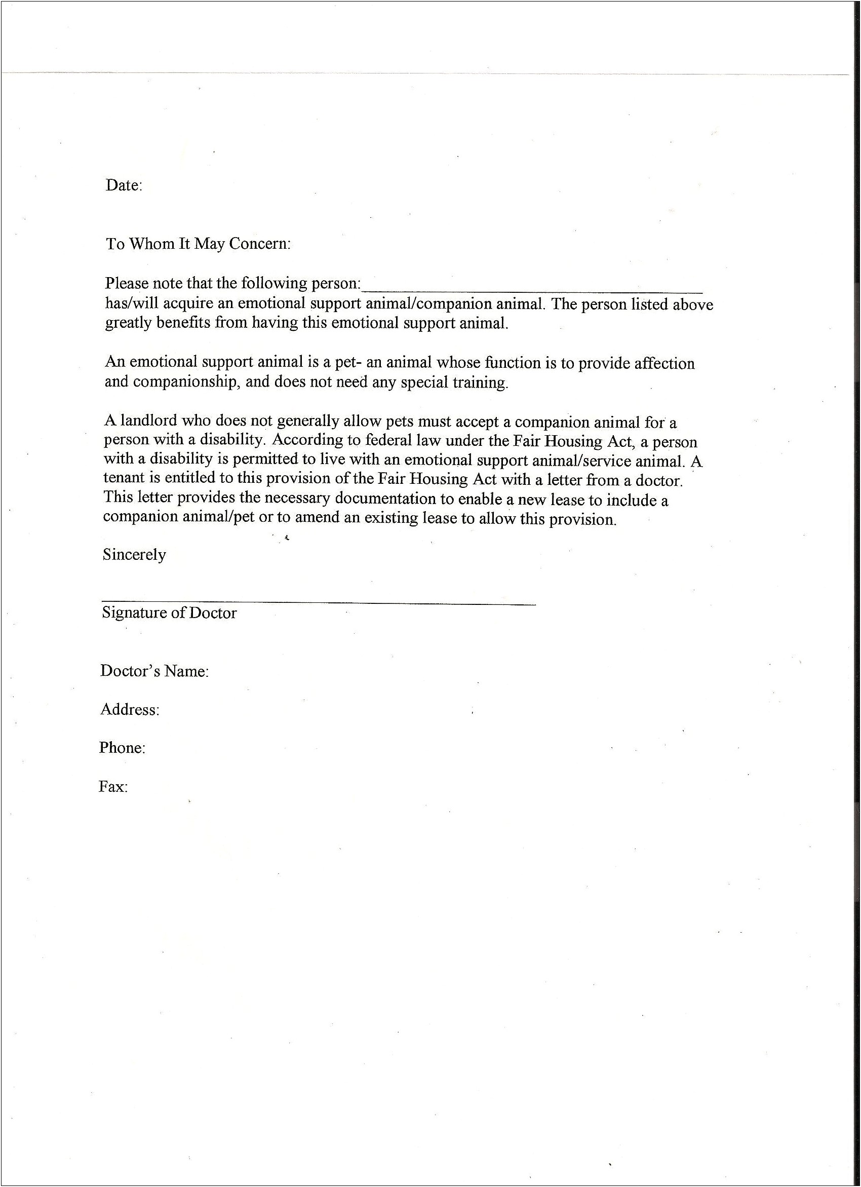 Esa Template Letter For Emotional Support Dog