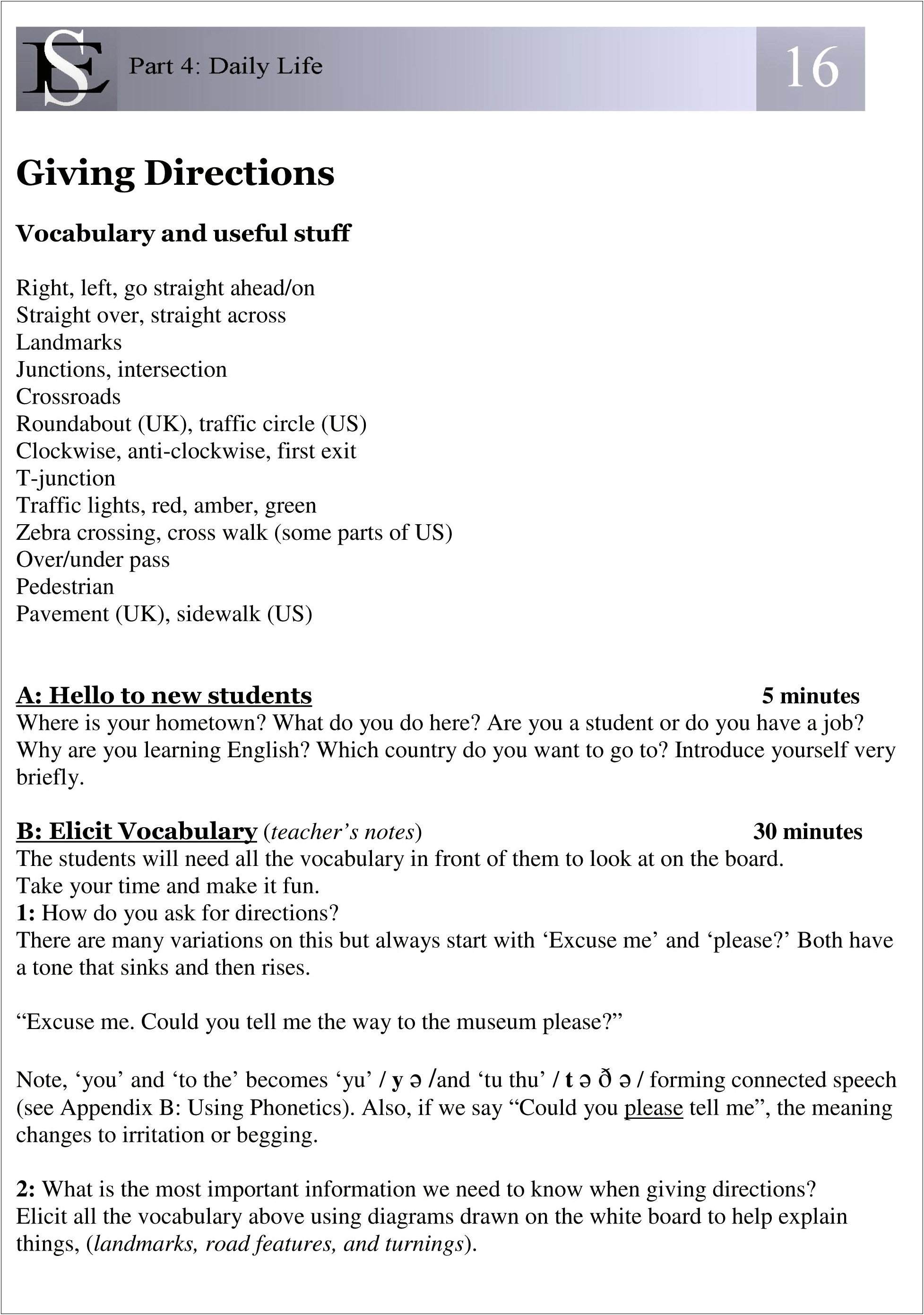 Esl Lesson Plan Template Giving Directions