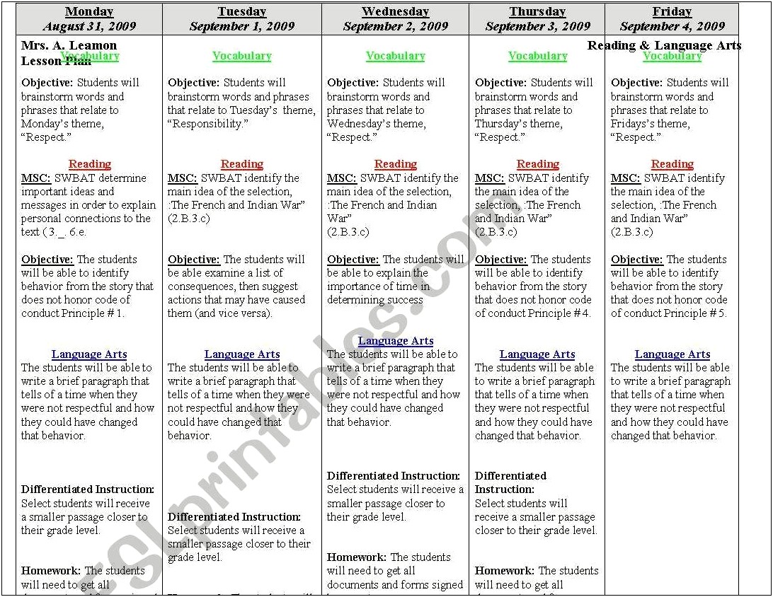 Esl Lesson Plan Template With Times