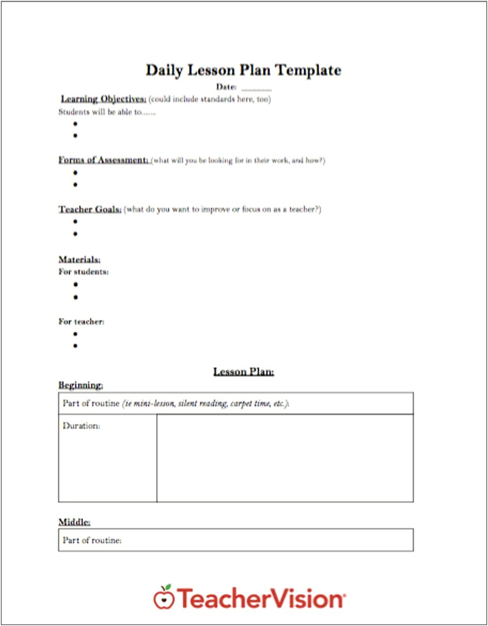 Esl Middle School Lesson Plan Template