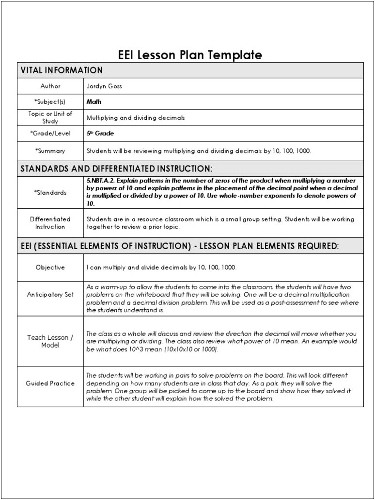 Essential Elements Of Instruction Lesson Plan Template