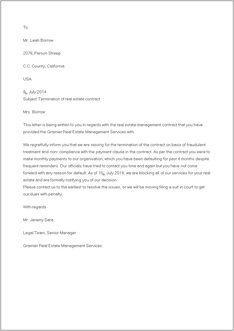 Estate Agent Contract Termination Letter Template