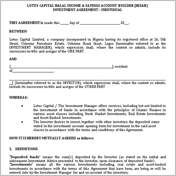 Estate Financial Letter Of Agreement Template Word