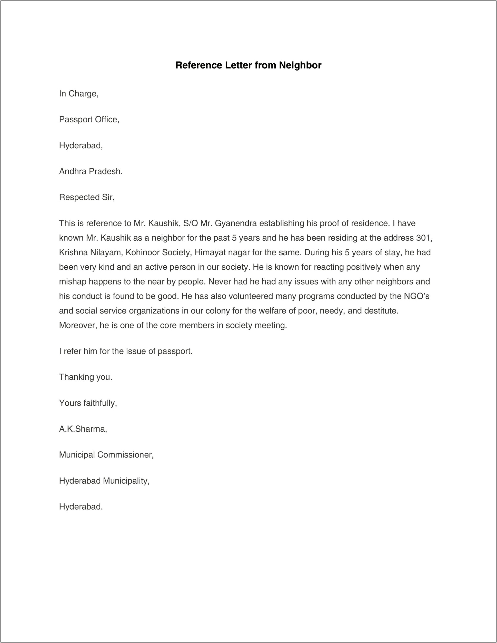 Example And Template For Personal Reference Letter