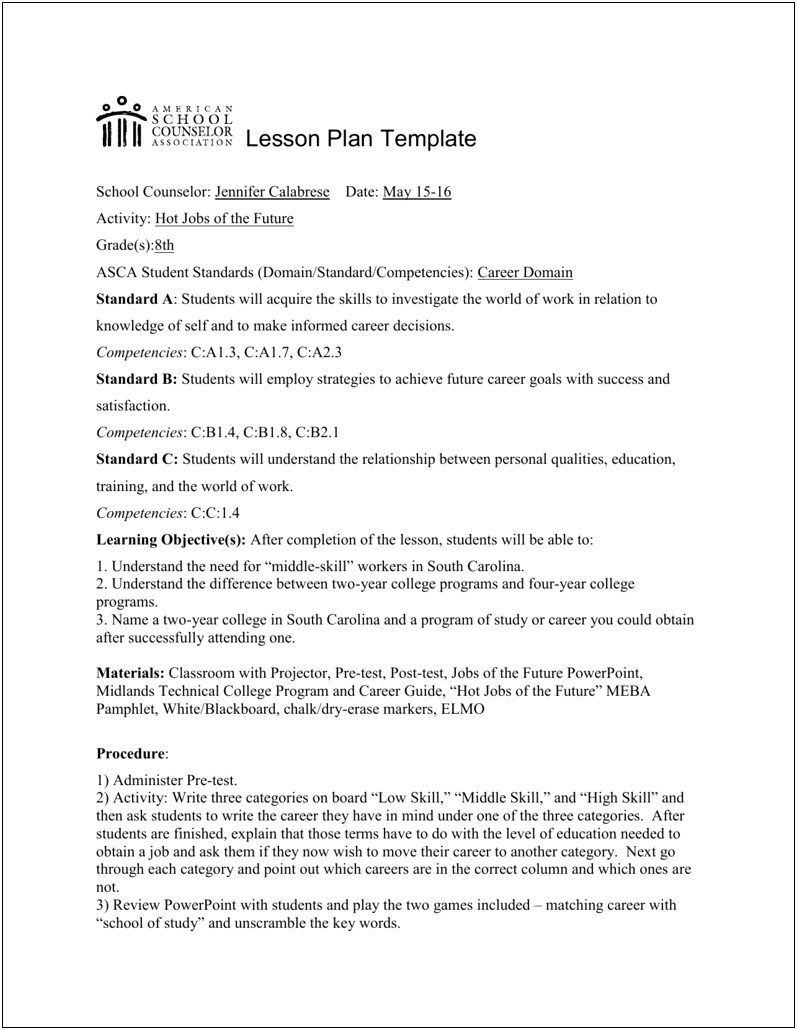 Example Of A Asca Lesson Plan Template