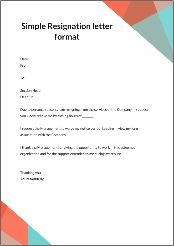 Example Of A Resignation Letter Template