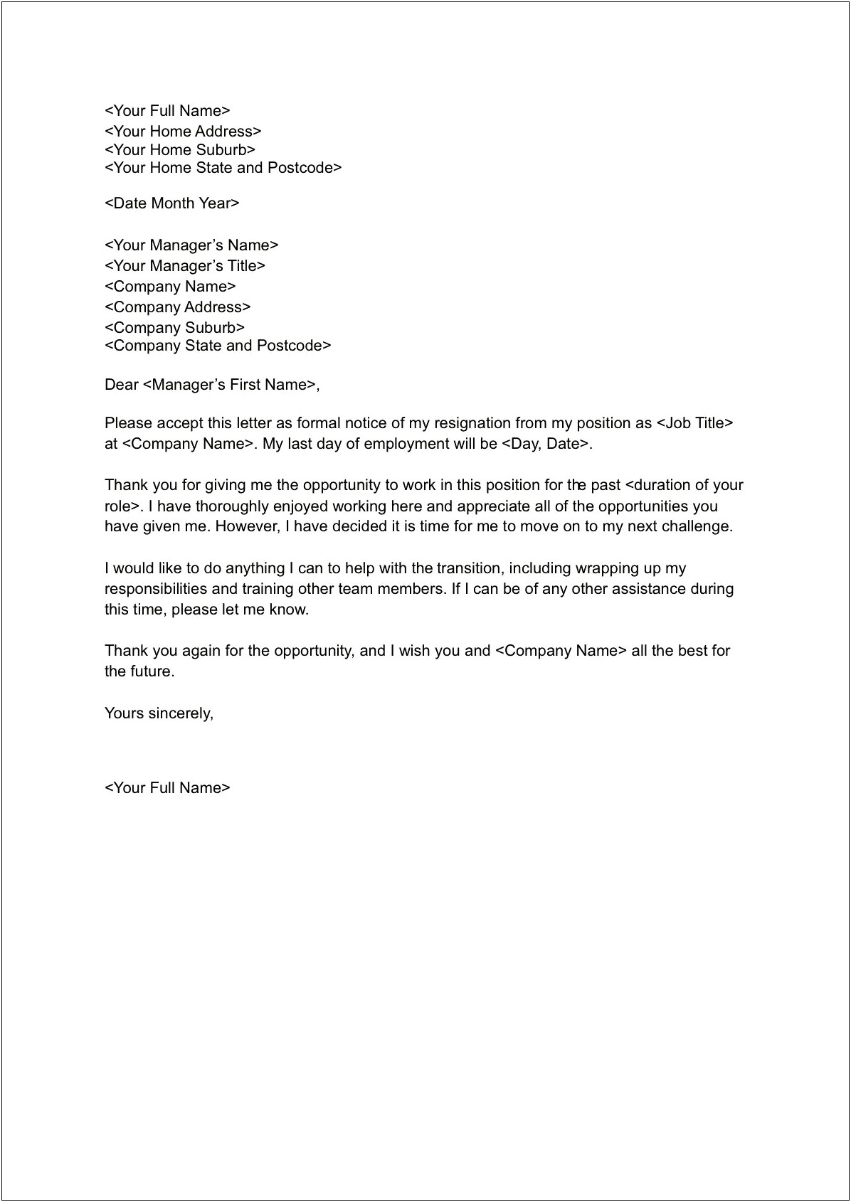 Example Of Letter Of Resignation Template