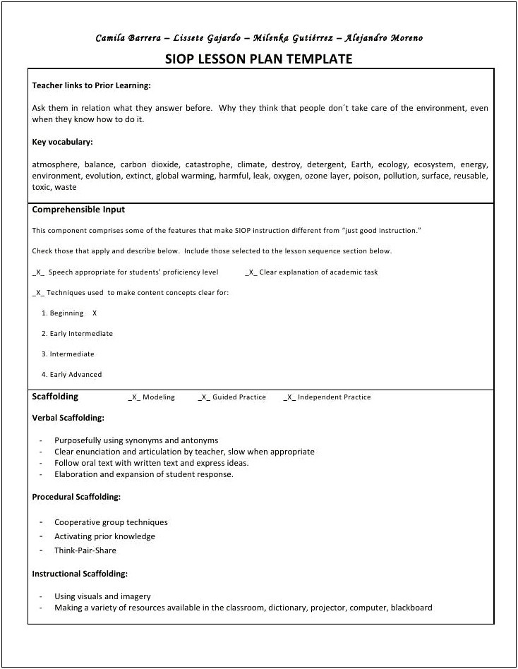 Example Of Siop Lesson Plan Template 2