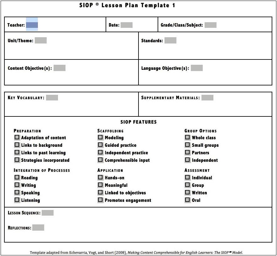 Example Of Siop Lesson Plan Template 3