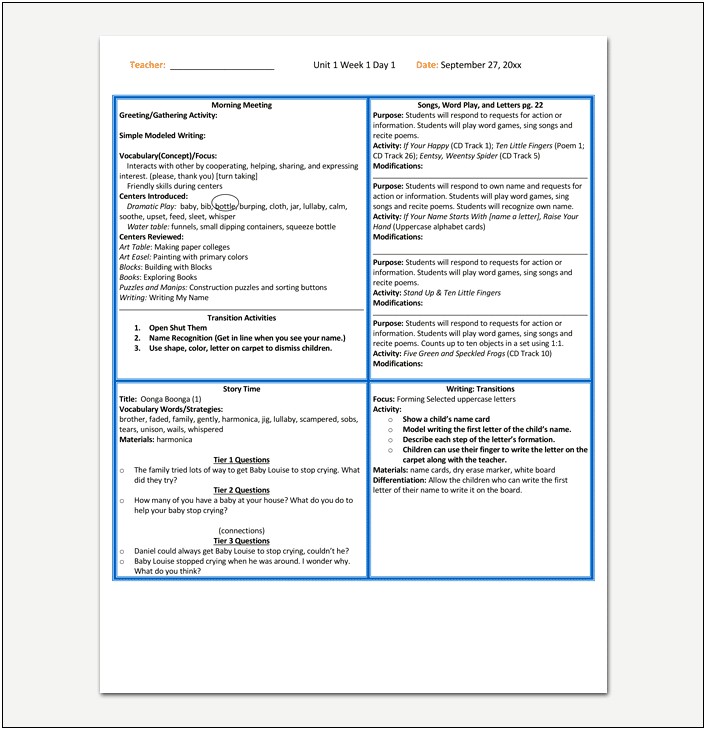 Example Of Teacher Lesson Plan Template