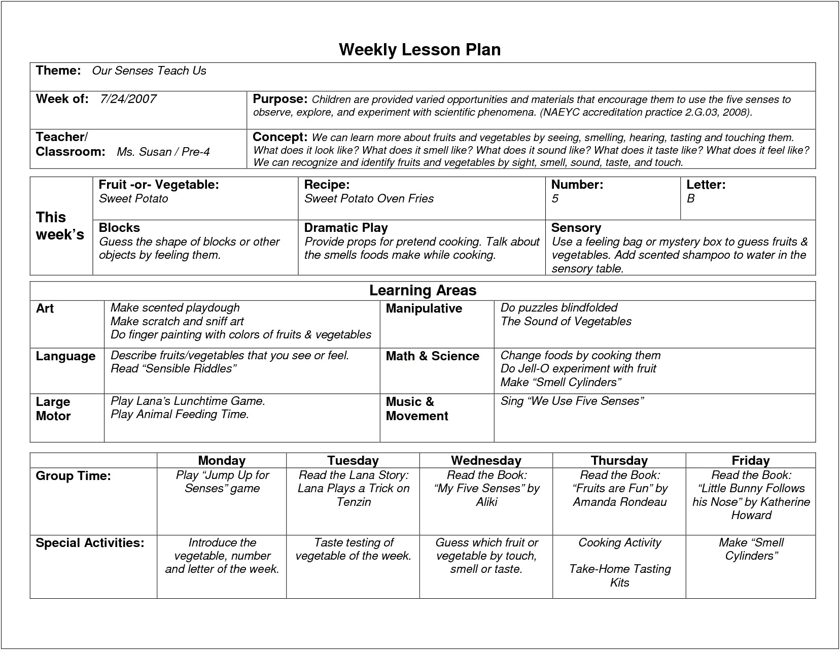 Example Of Weekly Lesson Plan Template