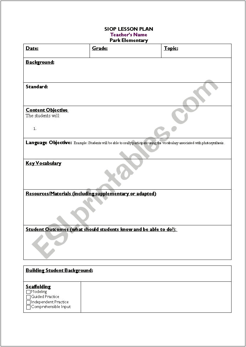 Example Siop Lesson Plan Template 2