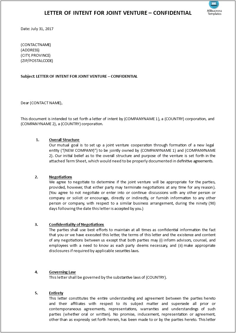 Example Template Of Letter Of Intent