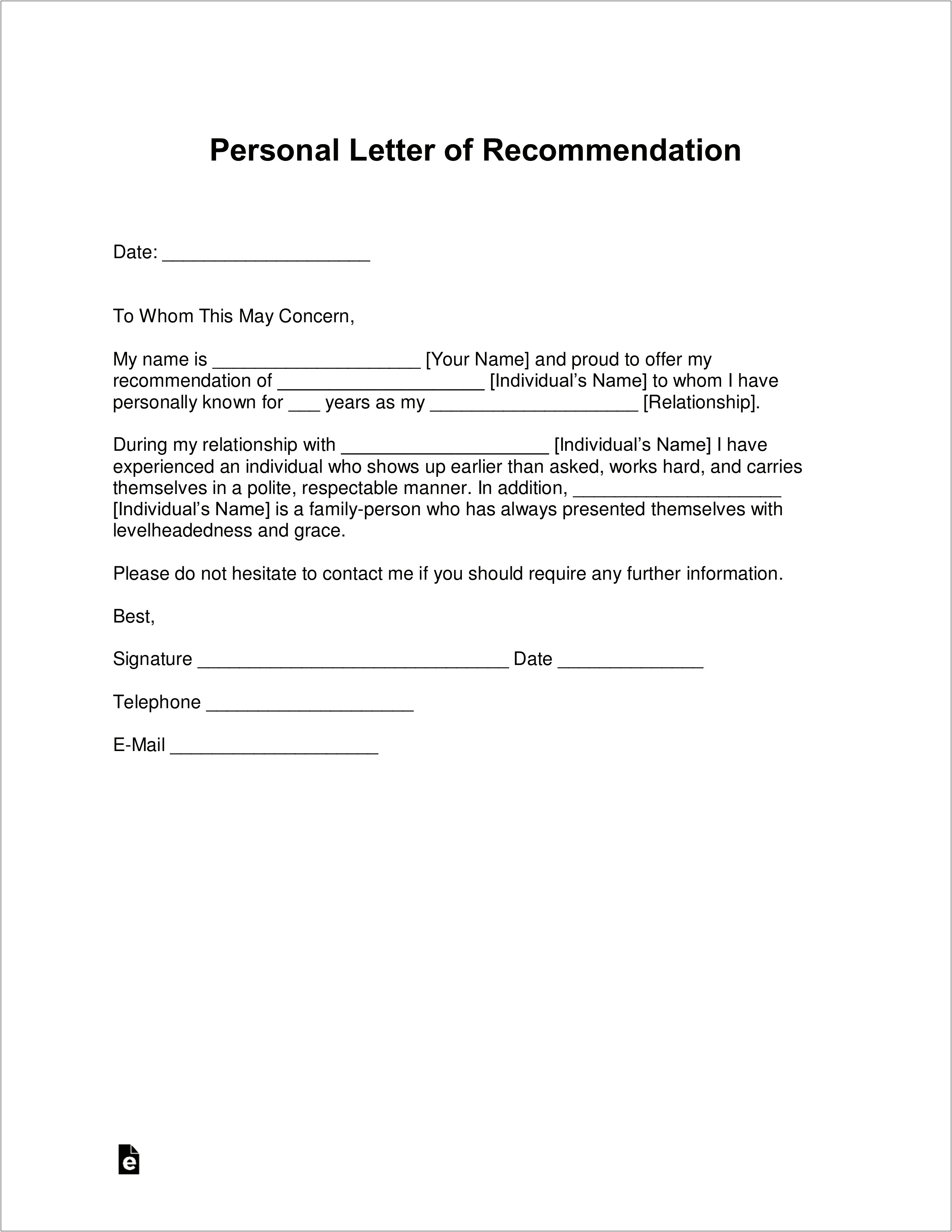 Example Template Personal Character Reference Letter