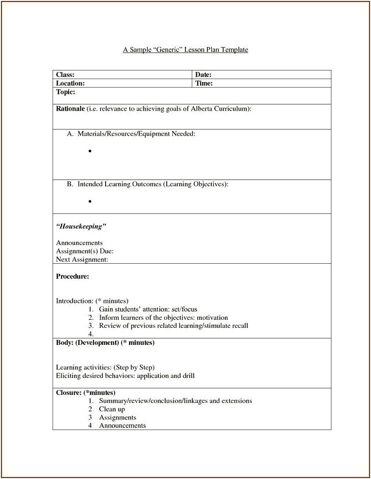 Examples Of A Lesson Plan Template