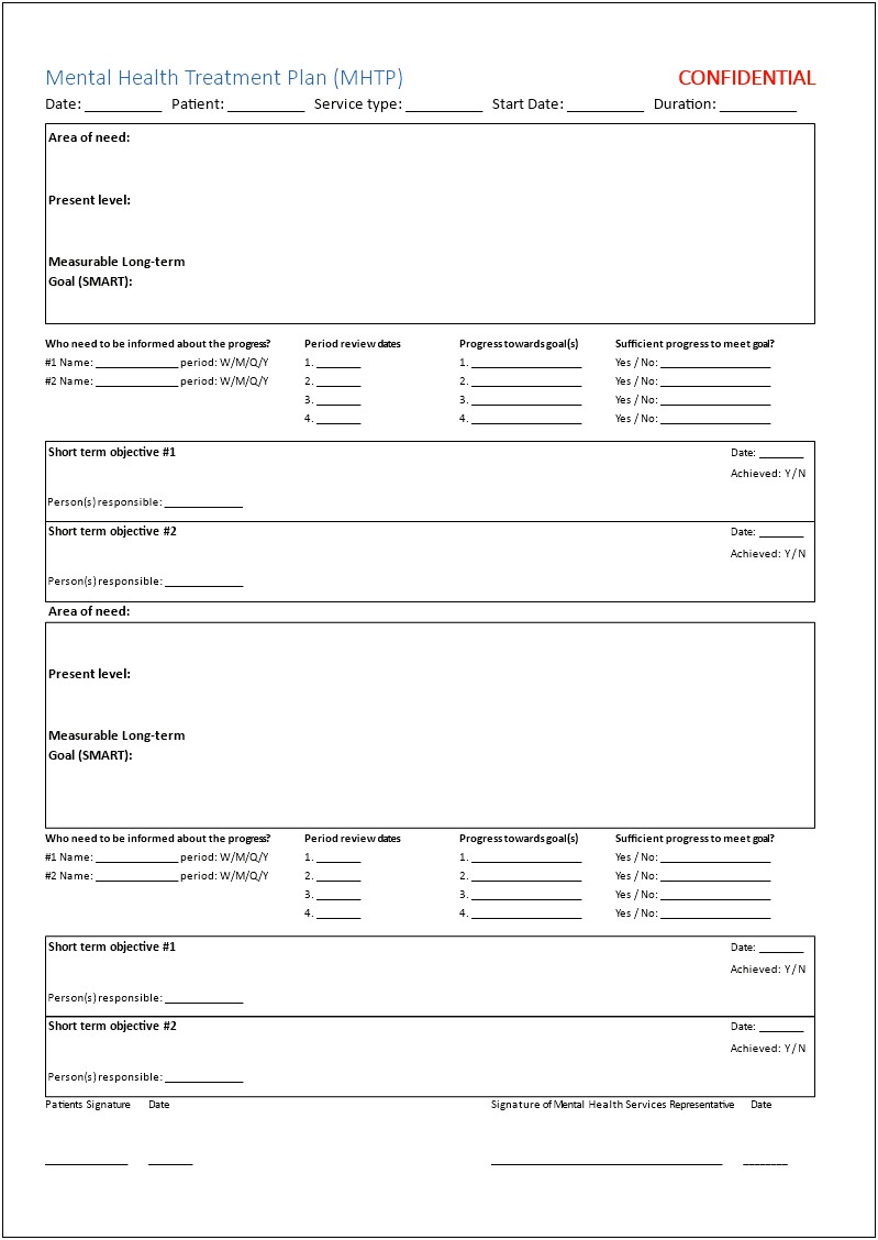 Excel Printable Tretament Plan Template S