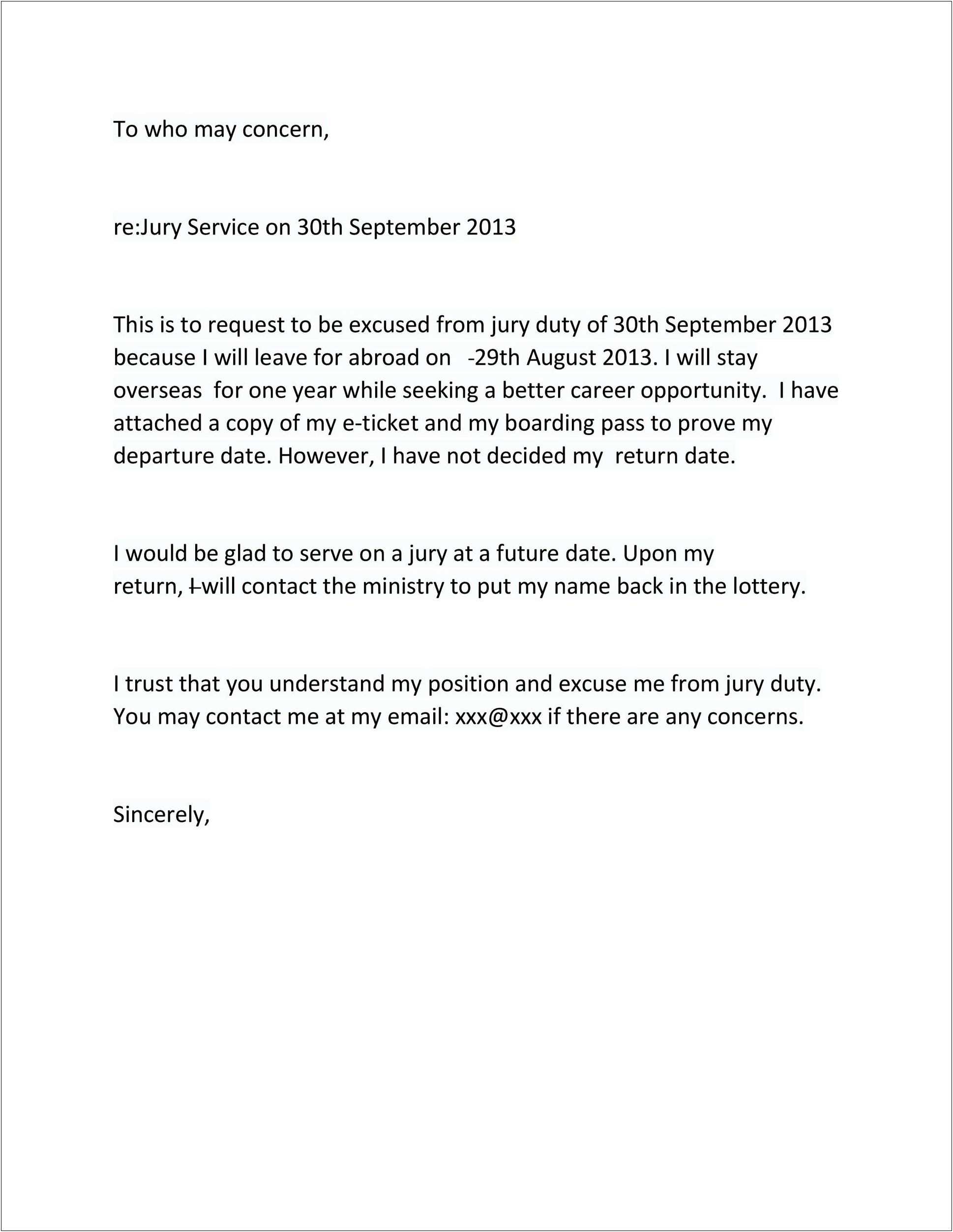 Excusal From Jury Duty Letter Template Uk