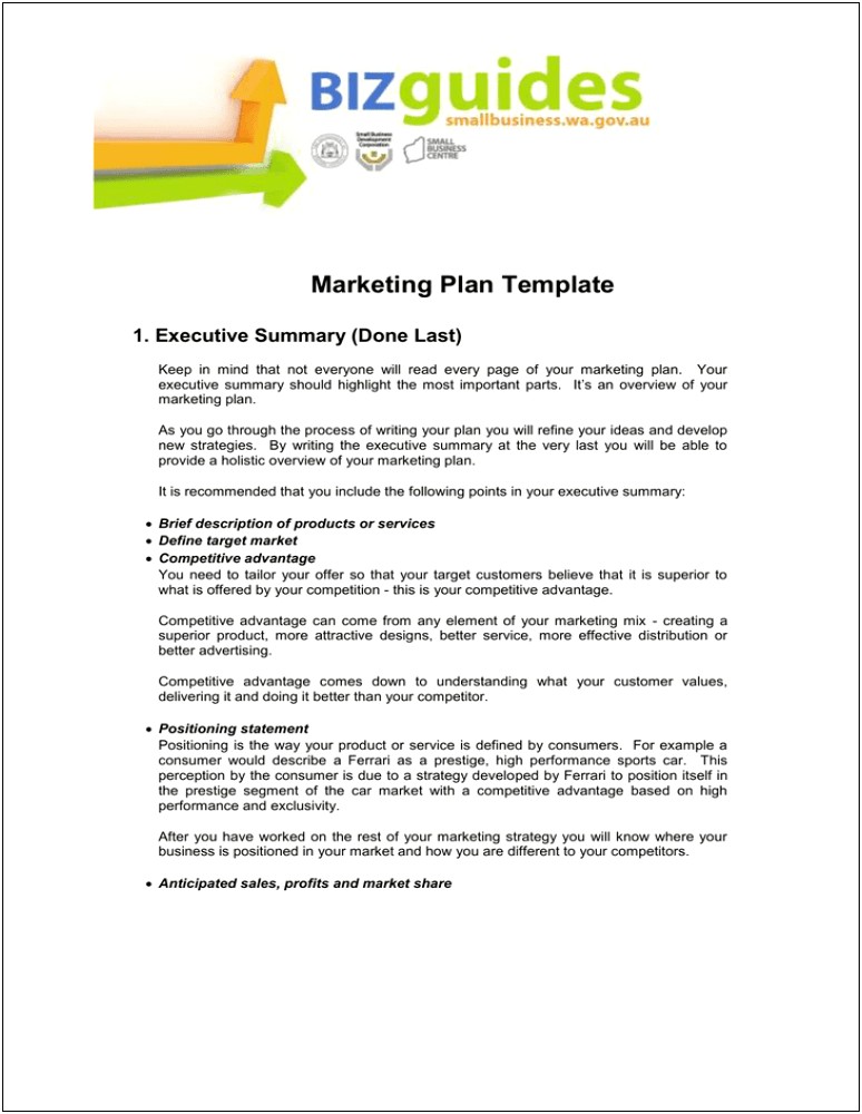 Executive Summary Of Marketing Plan Template