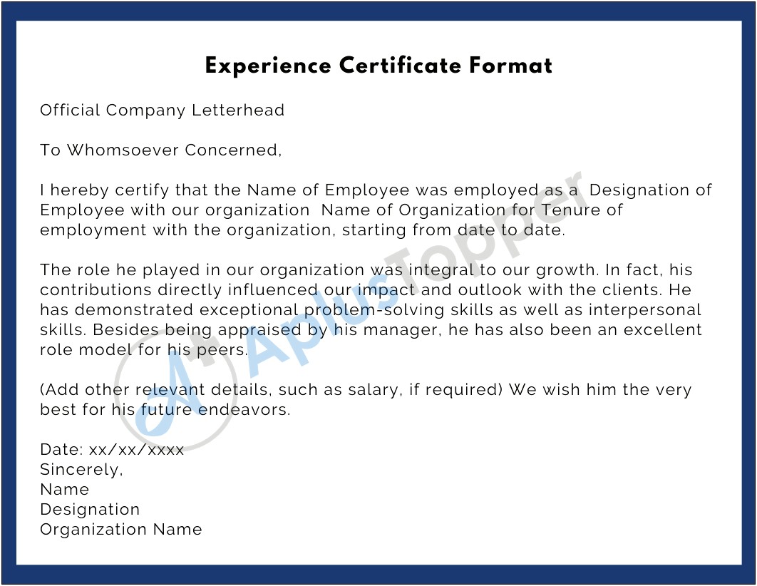 Experience Letter Template For Green Card