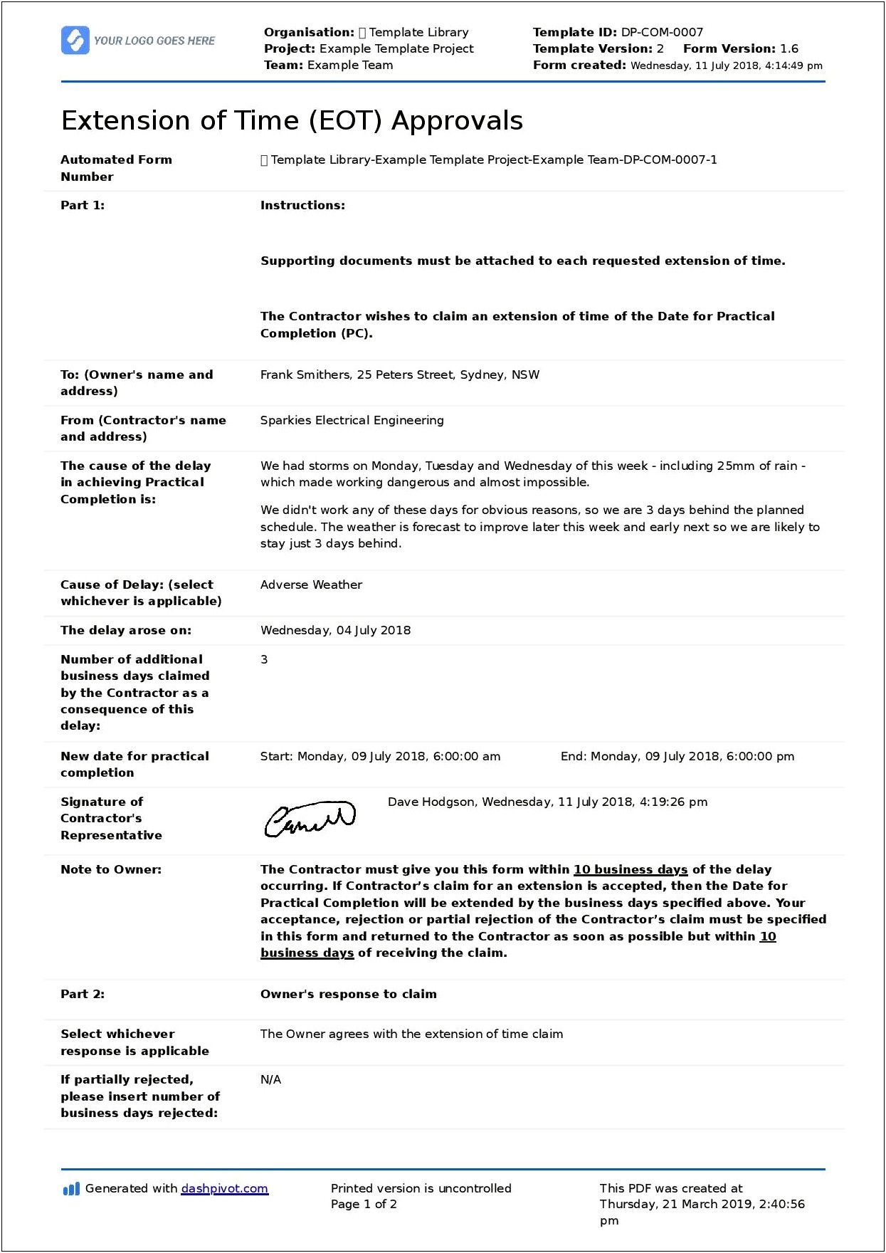 Extension Of Time Letter Construction Template