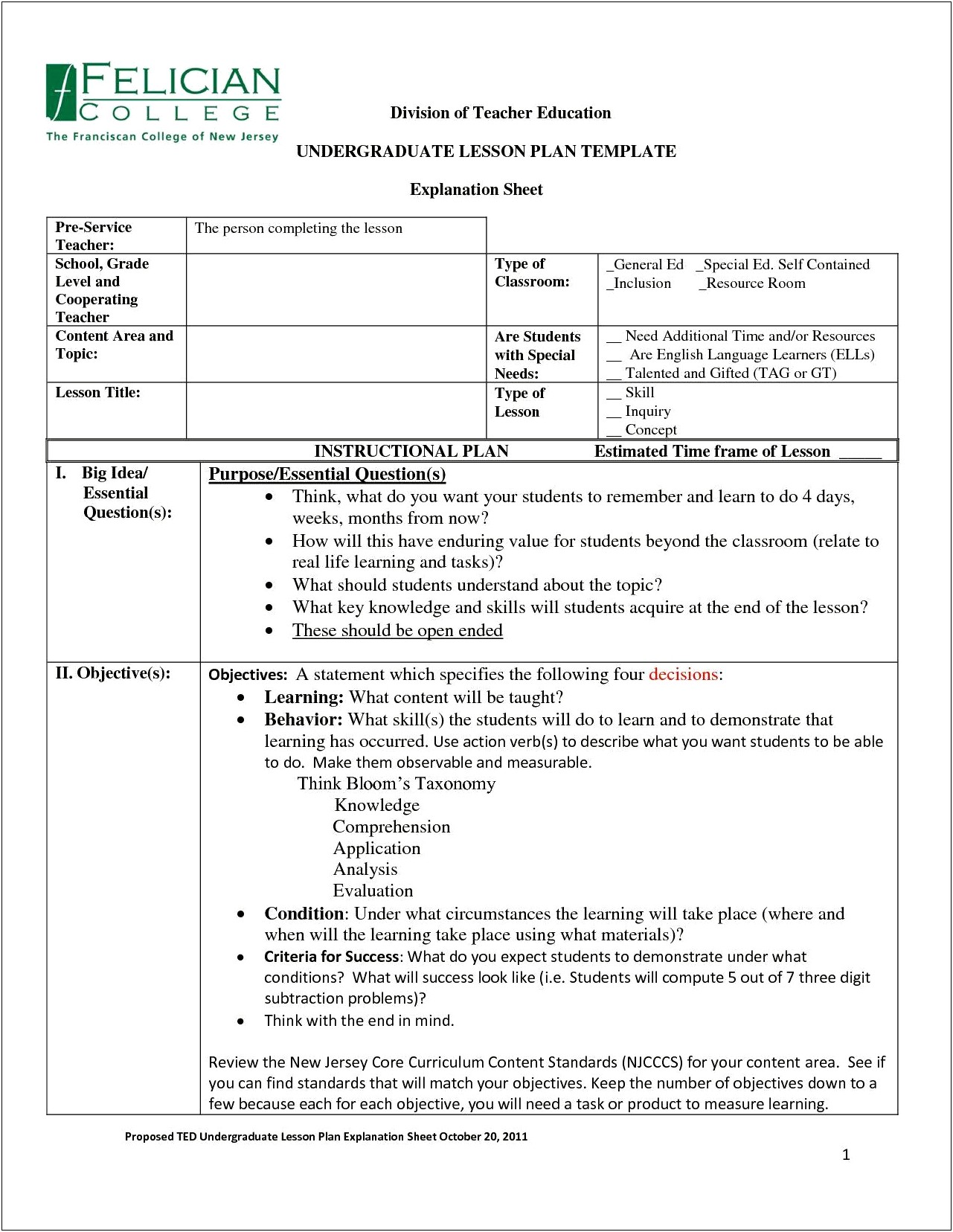 Faculty Of Education Lesson Plan Template