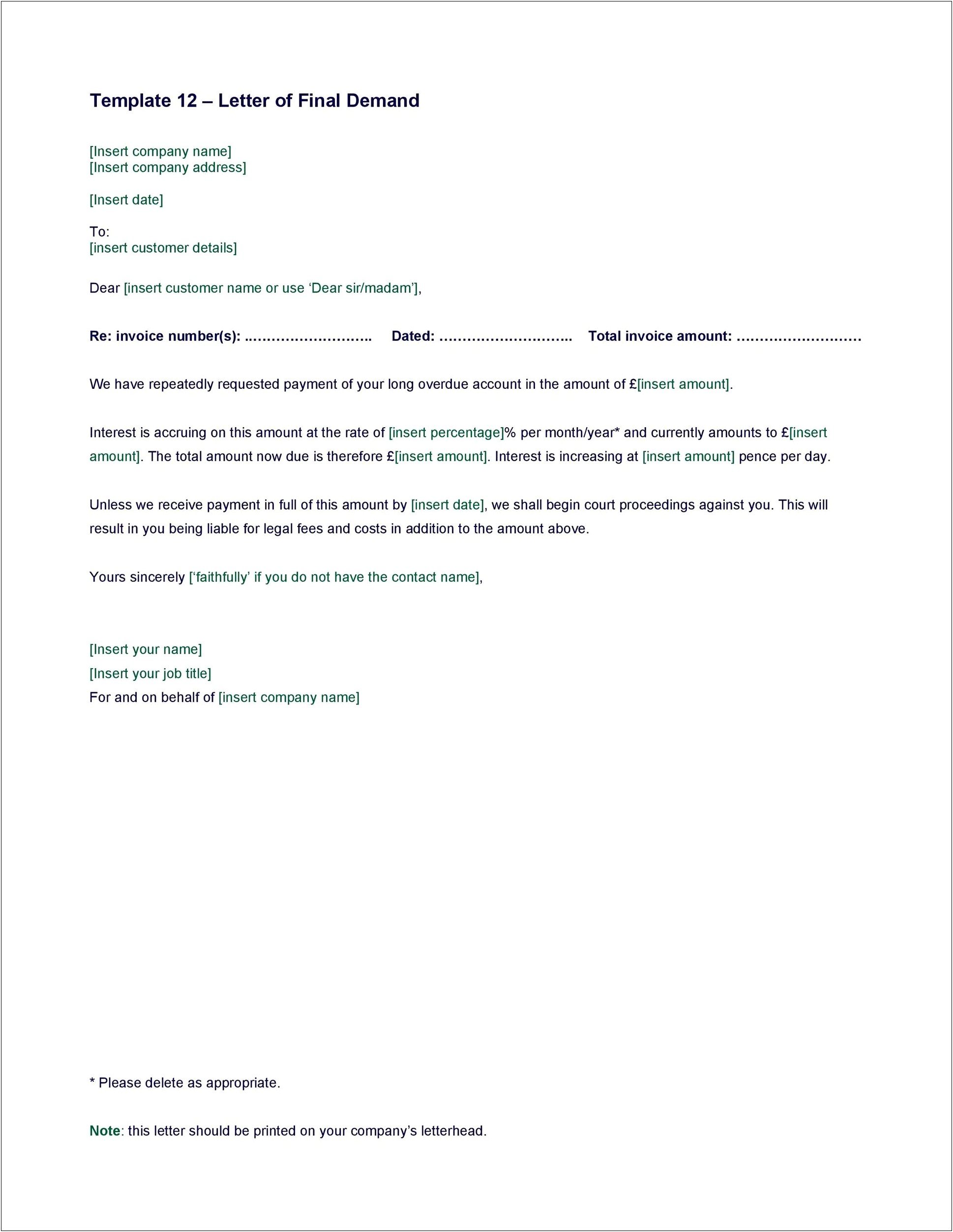 Fair Trading Letter Of Demand Template