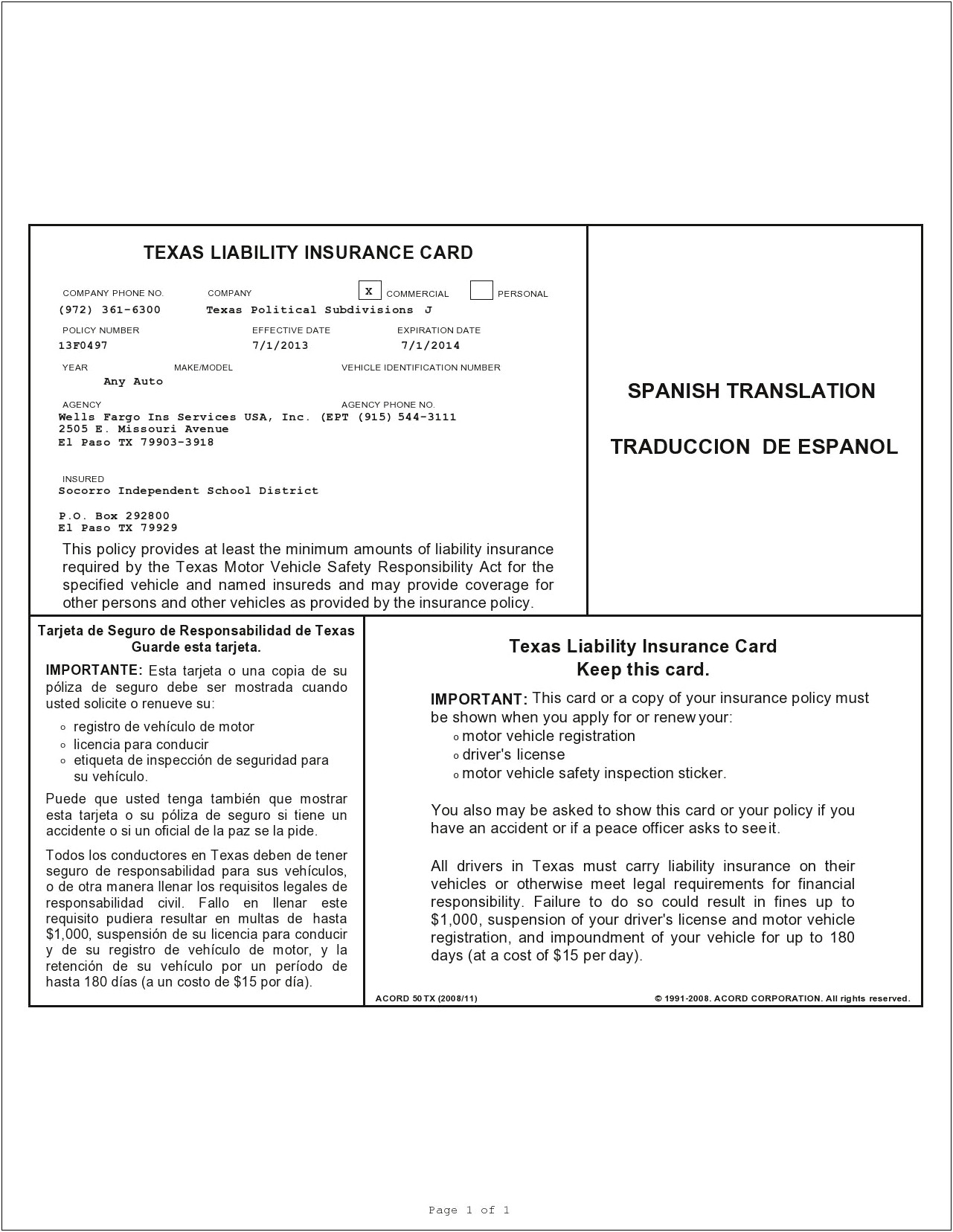 Fake Proof Of Insurance Card Template