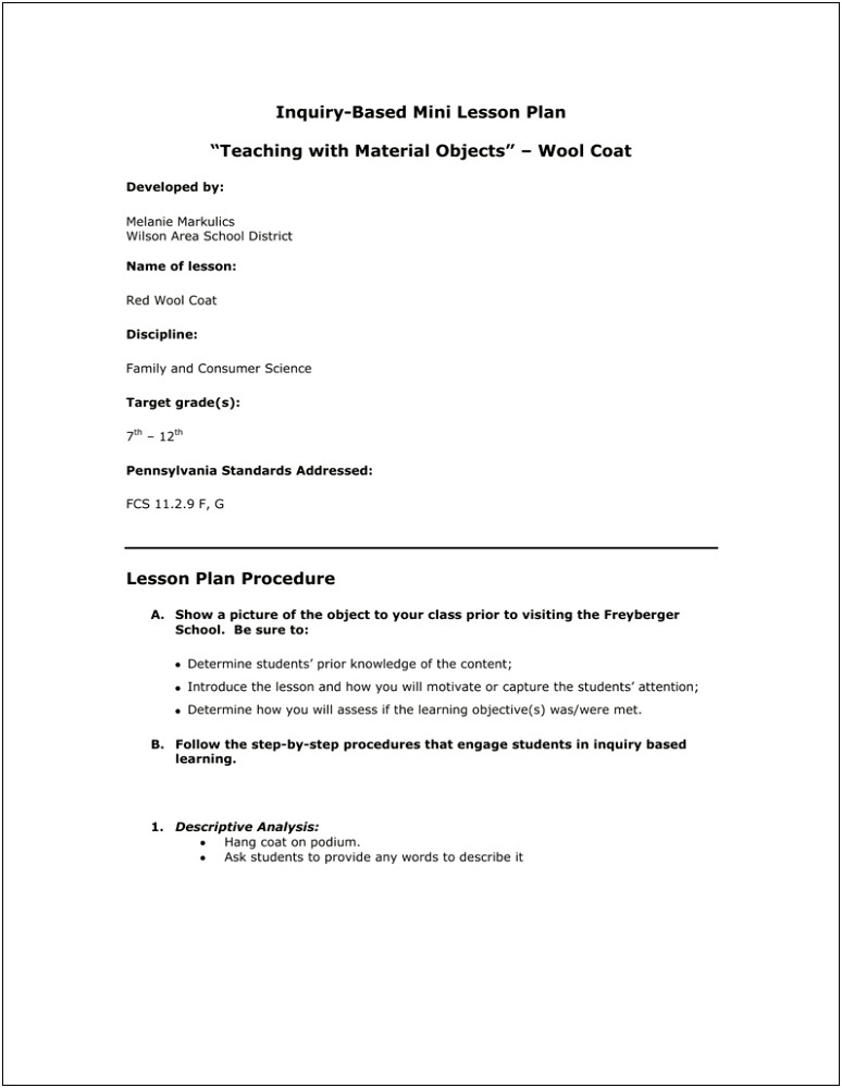 Family And Consumer Science Lesson Plan Template