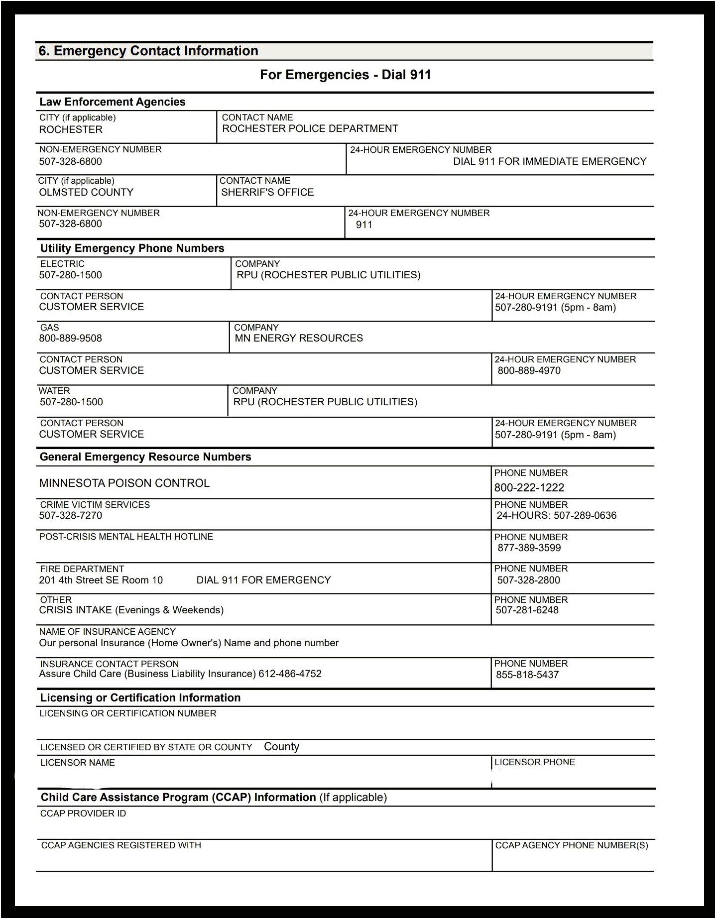 Family Child Care Provider Emergency Plan Template