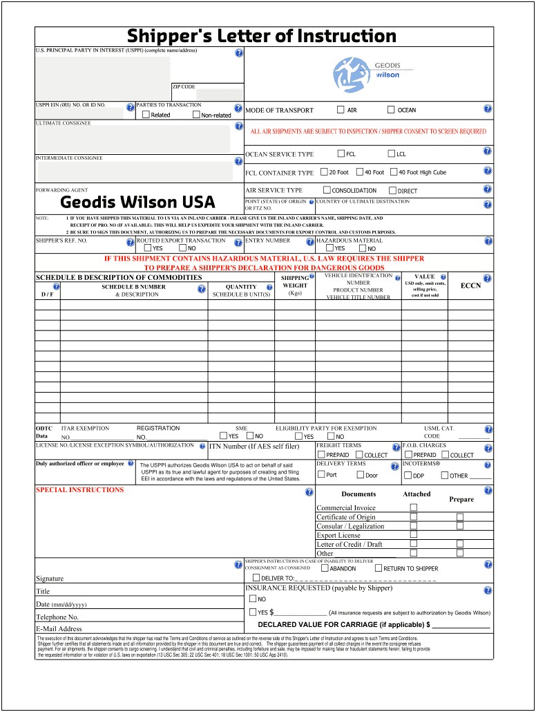 Fedex Shippers Letter Of Instruction Template