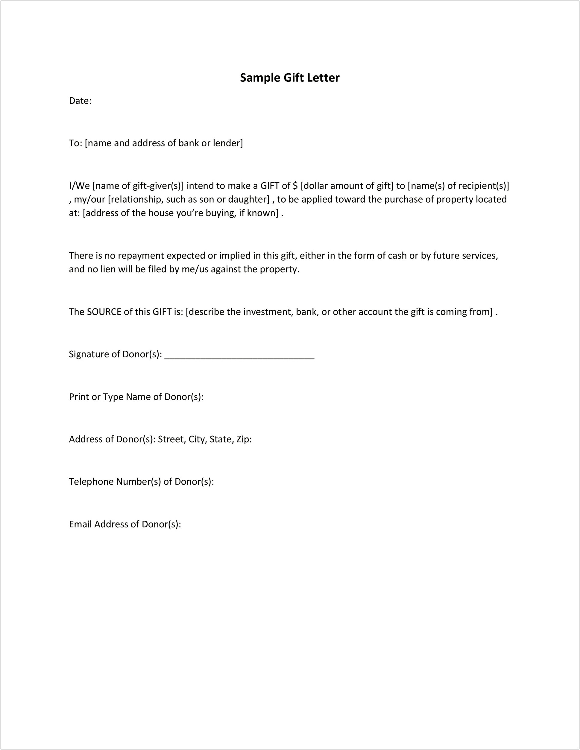 Fha Loan Document Gift Letter Template