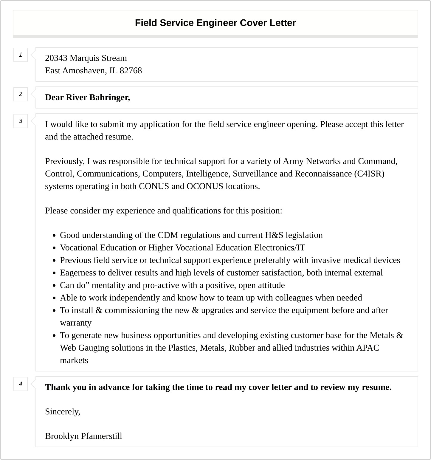 Field Service Engineer Cover Letter Template