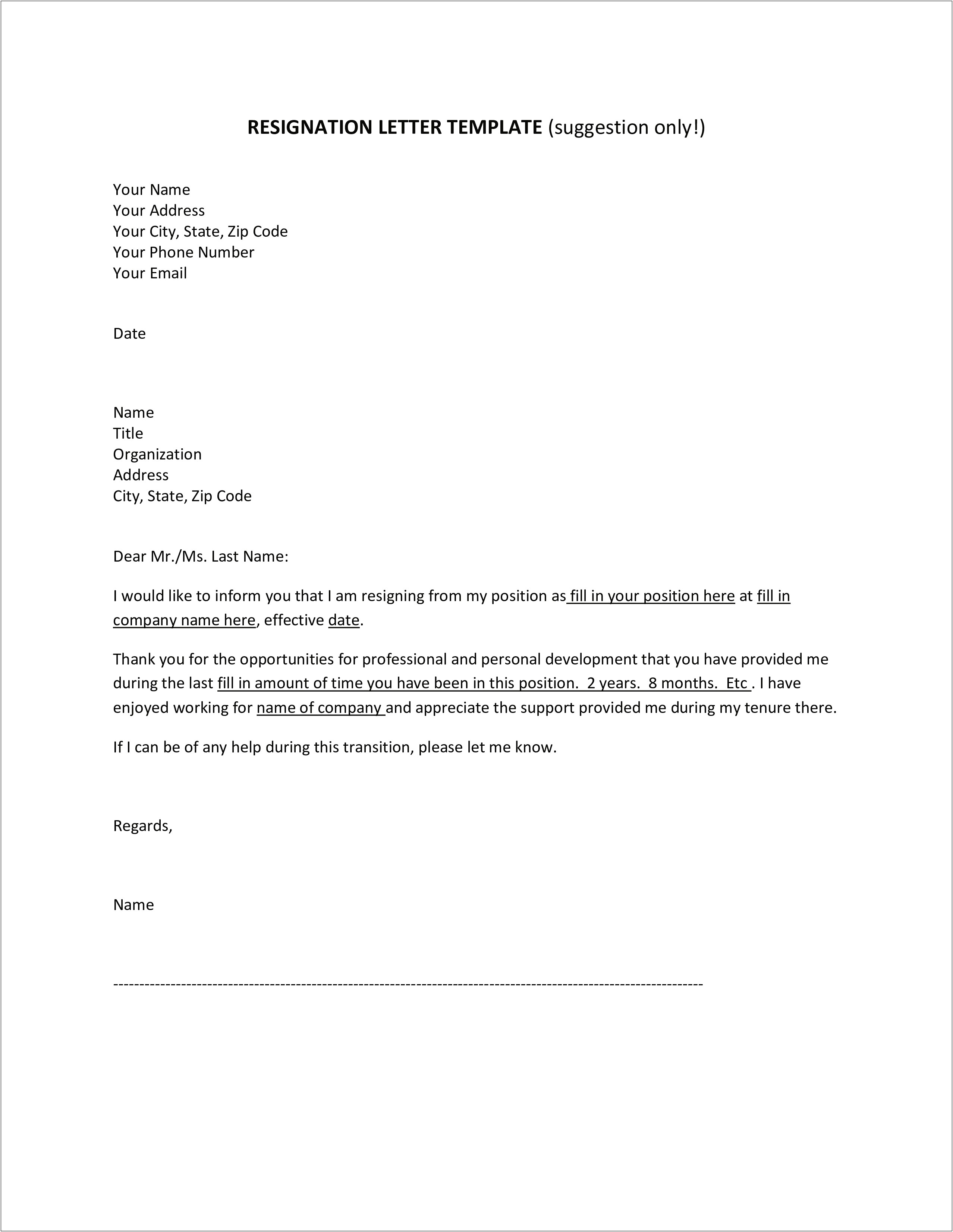 Fill In The Blank Resignation Letter Template