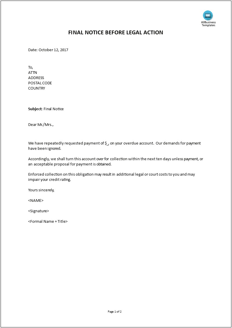 Final Collection Letter Before Legal Action Template
