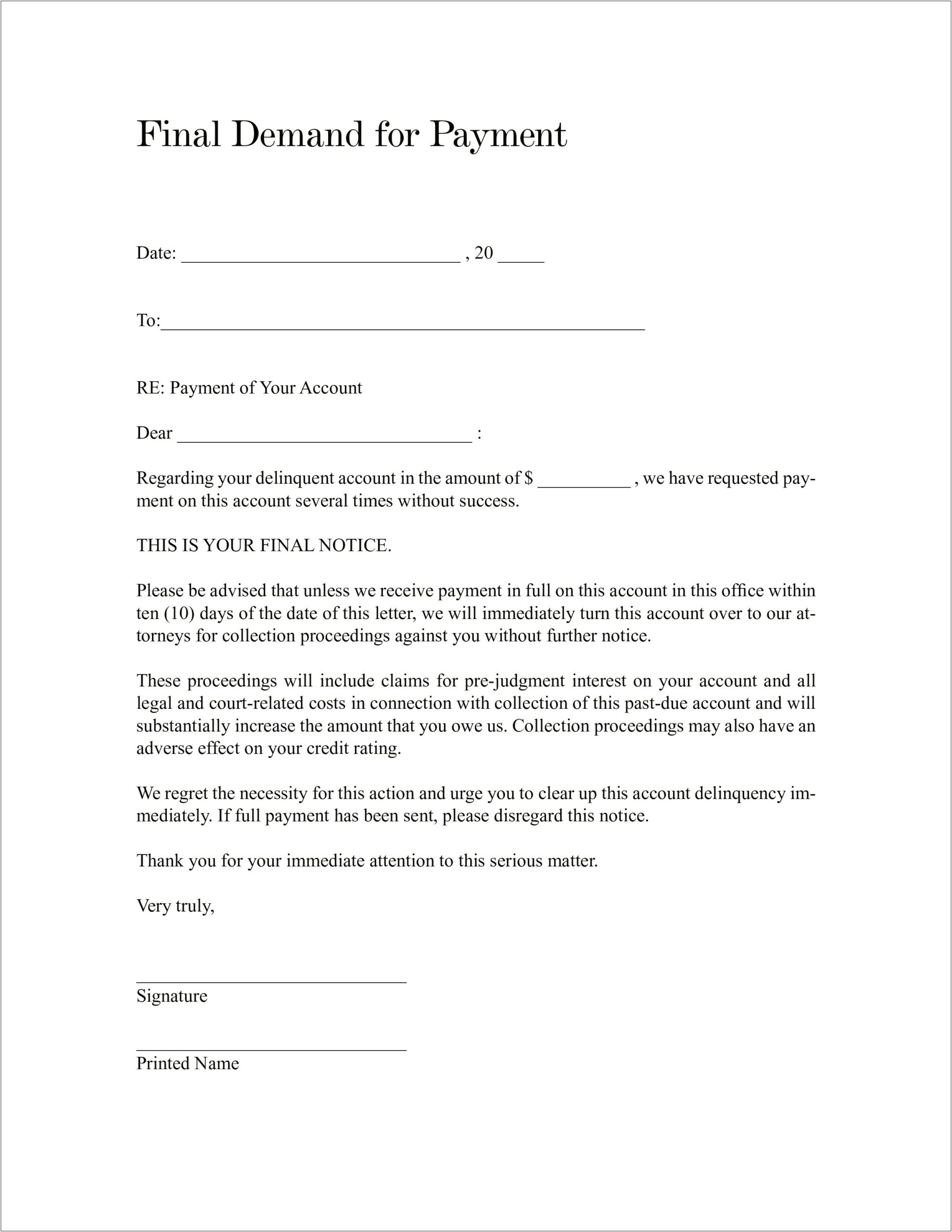 Final Notice Letter For Payment Template