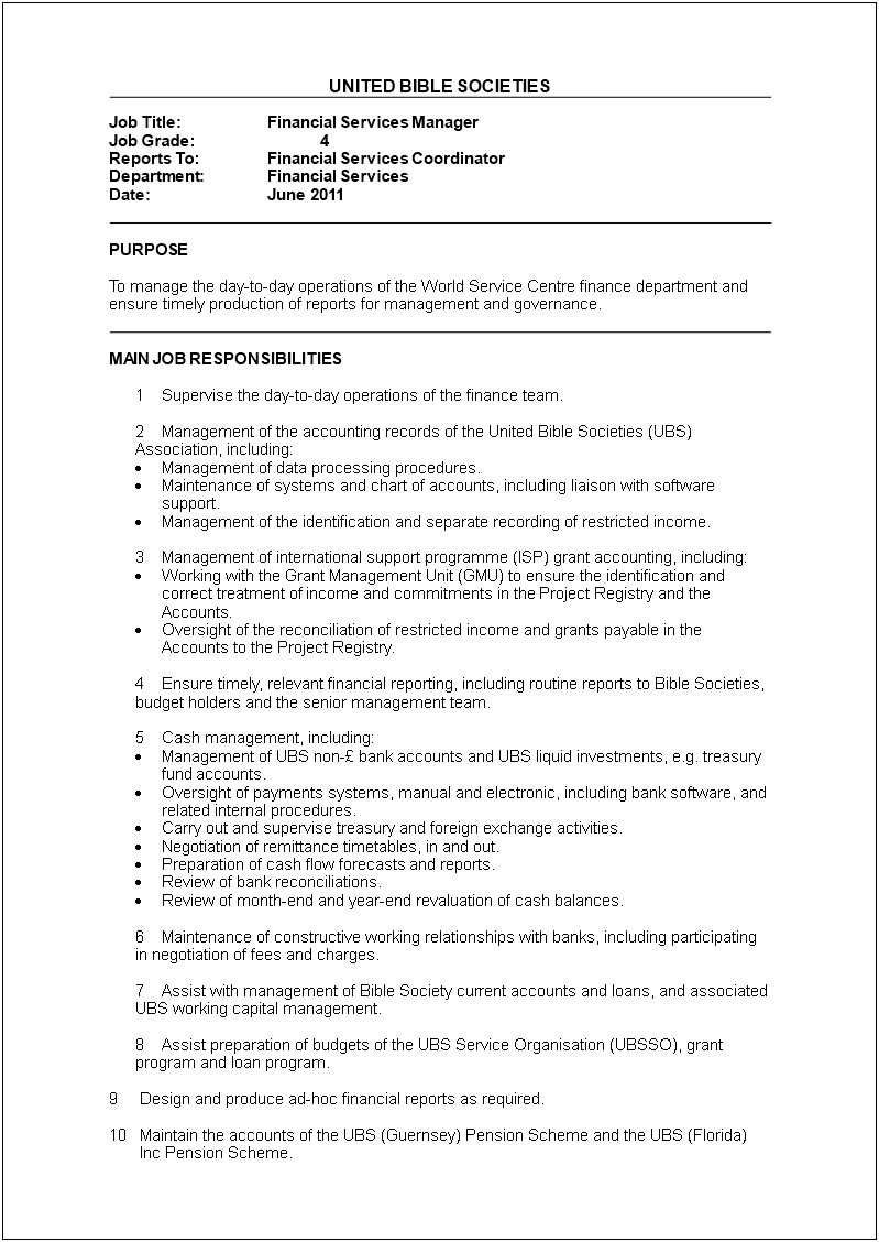 Finance Manager Job Description Template Word