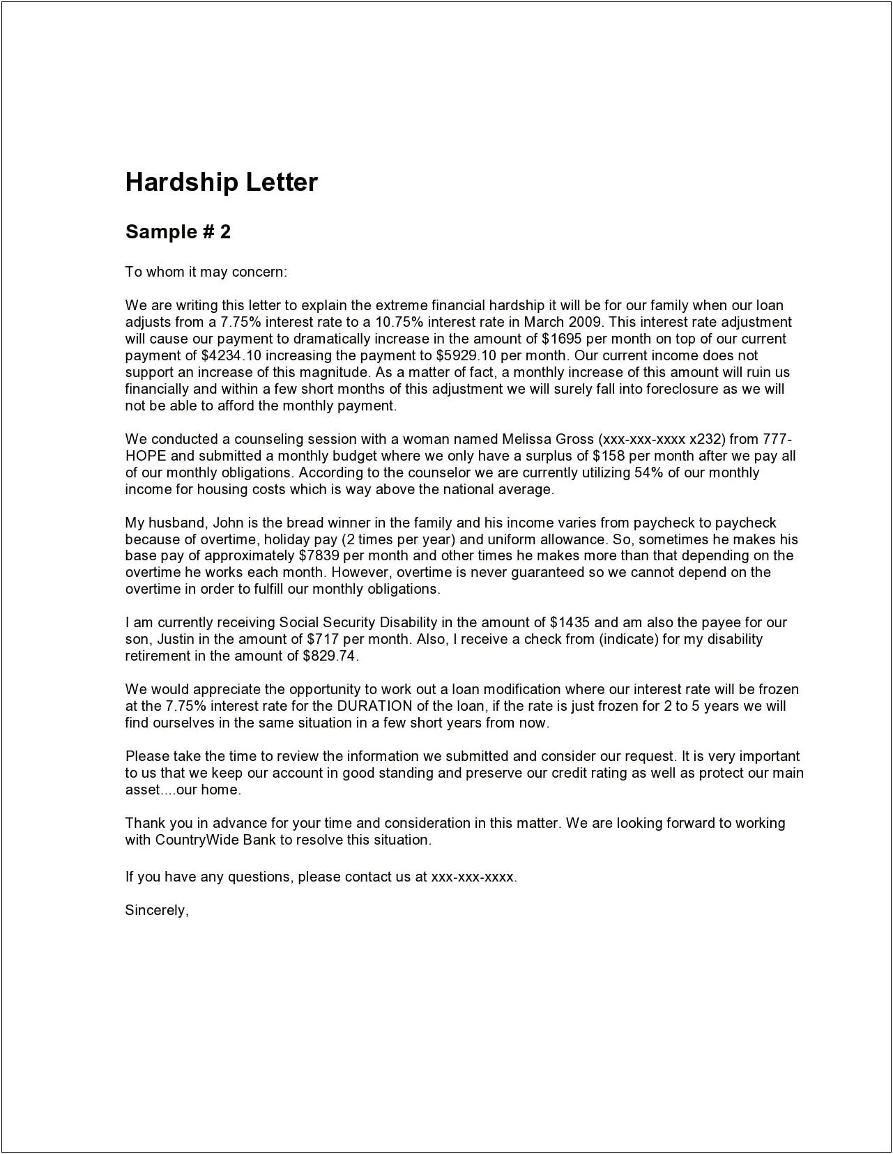 Financial Hardship Letter To Bank Template