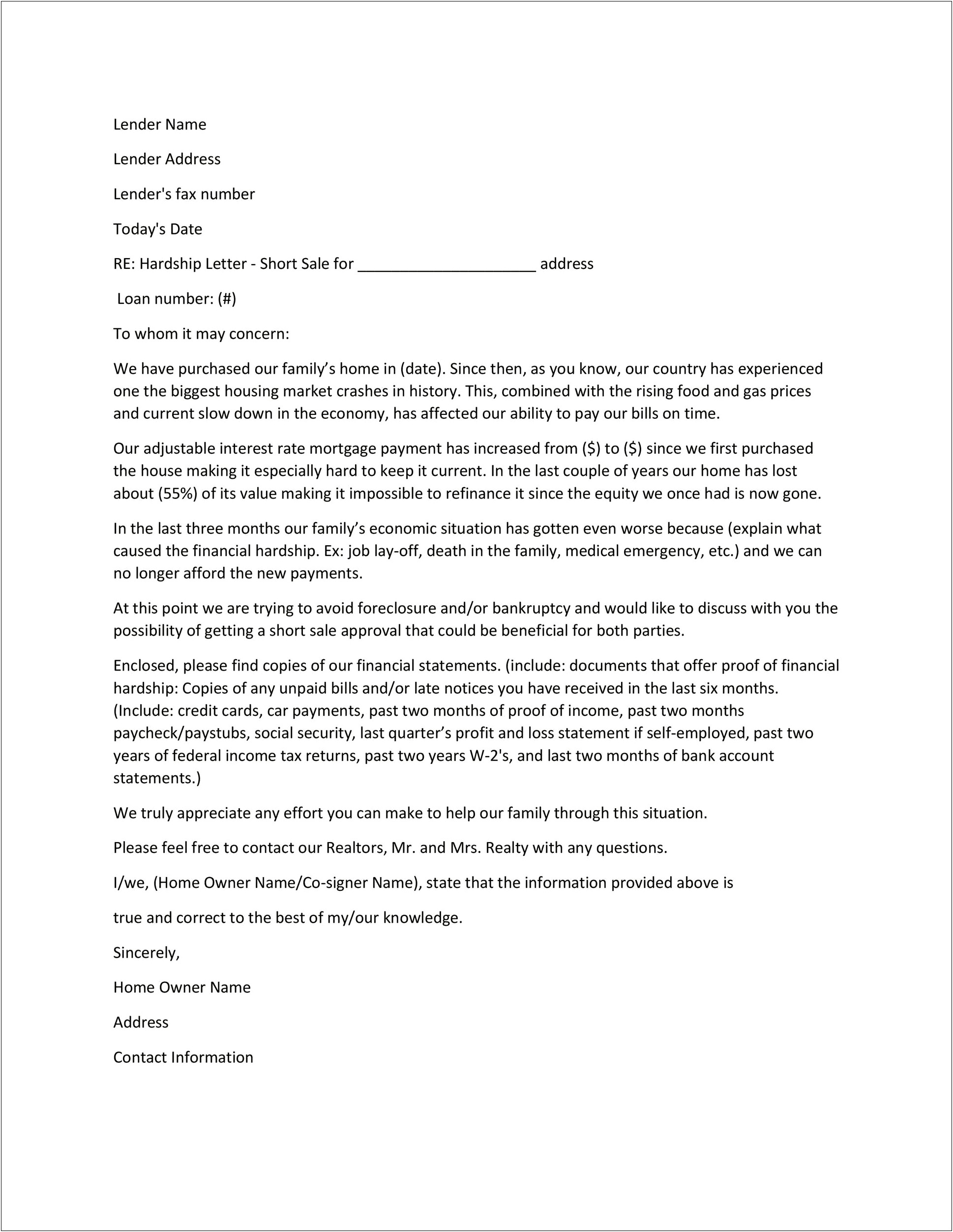 Financial Hardship Letter To Creditors Template
