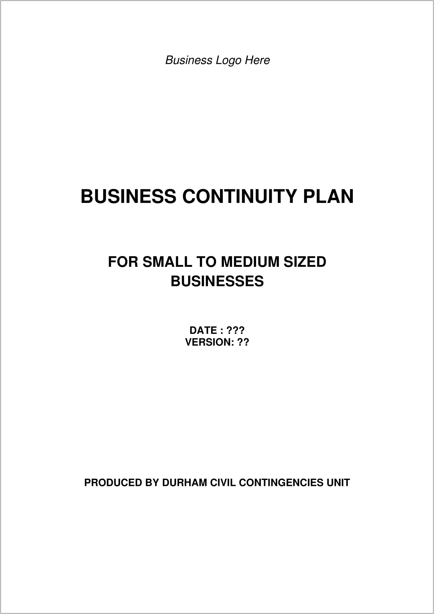 Financial Institution Business Continuity Plan Template