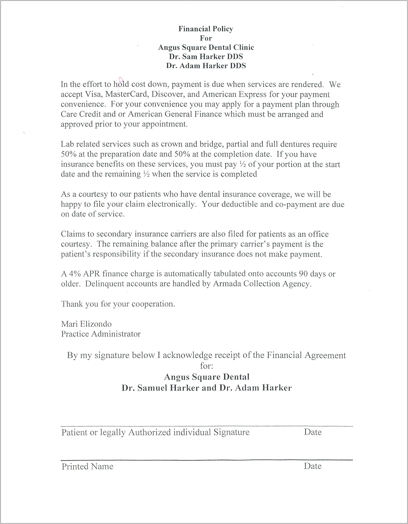 Financial Payment Plan Dental Agreement Template