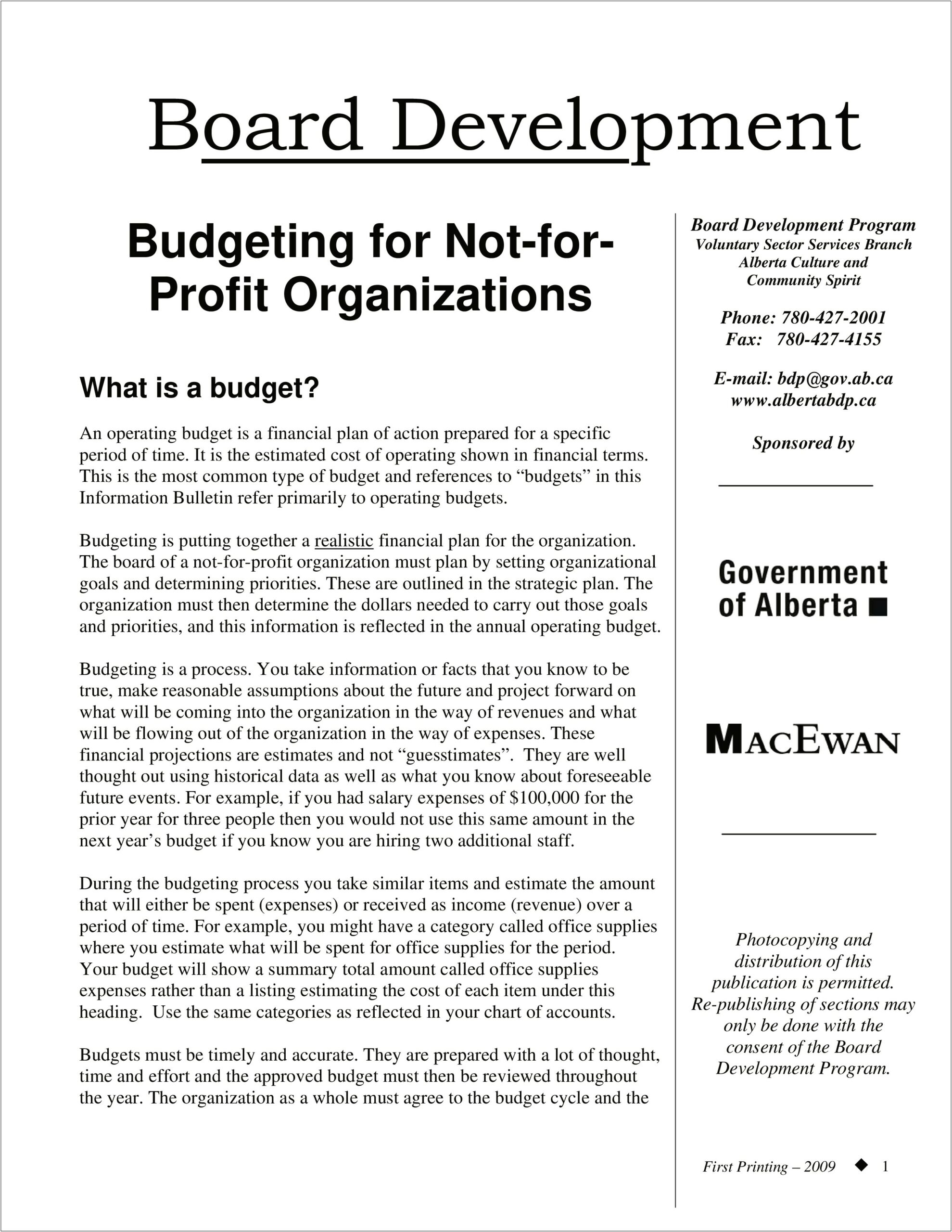 Financial Plan Template For Non Profit