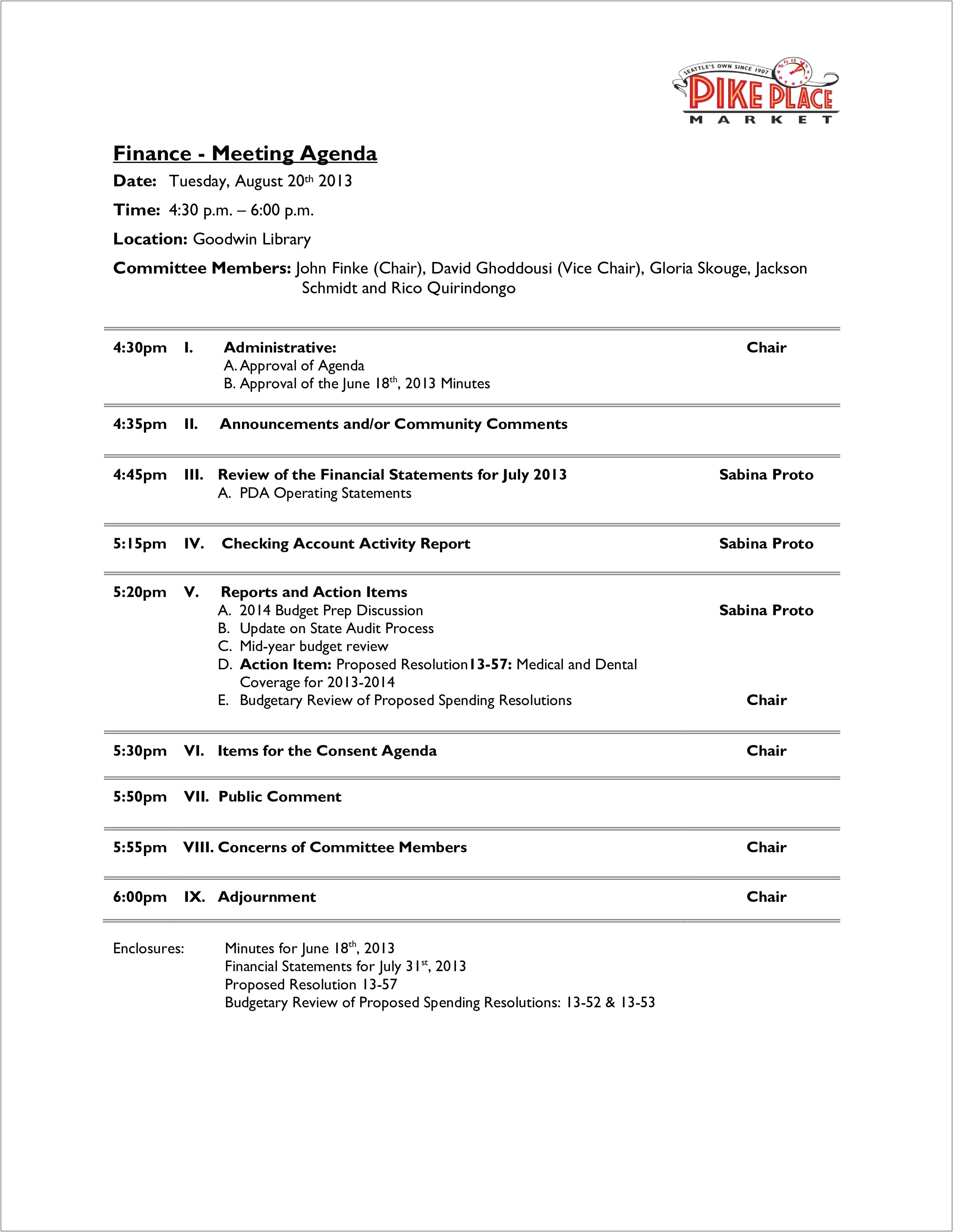 Financial Planning Advisory Board Agenda Template