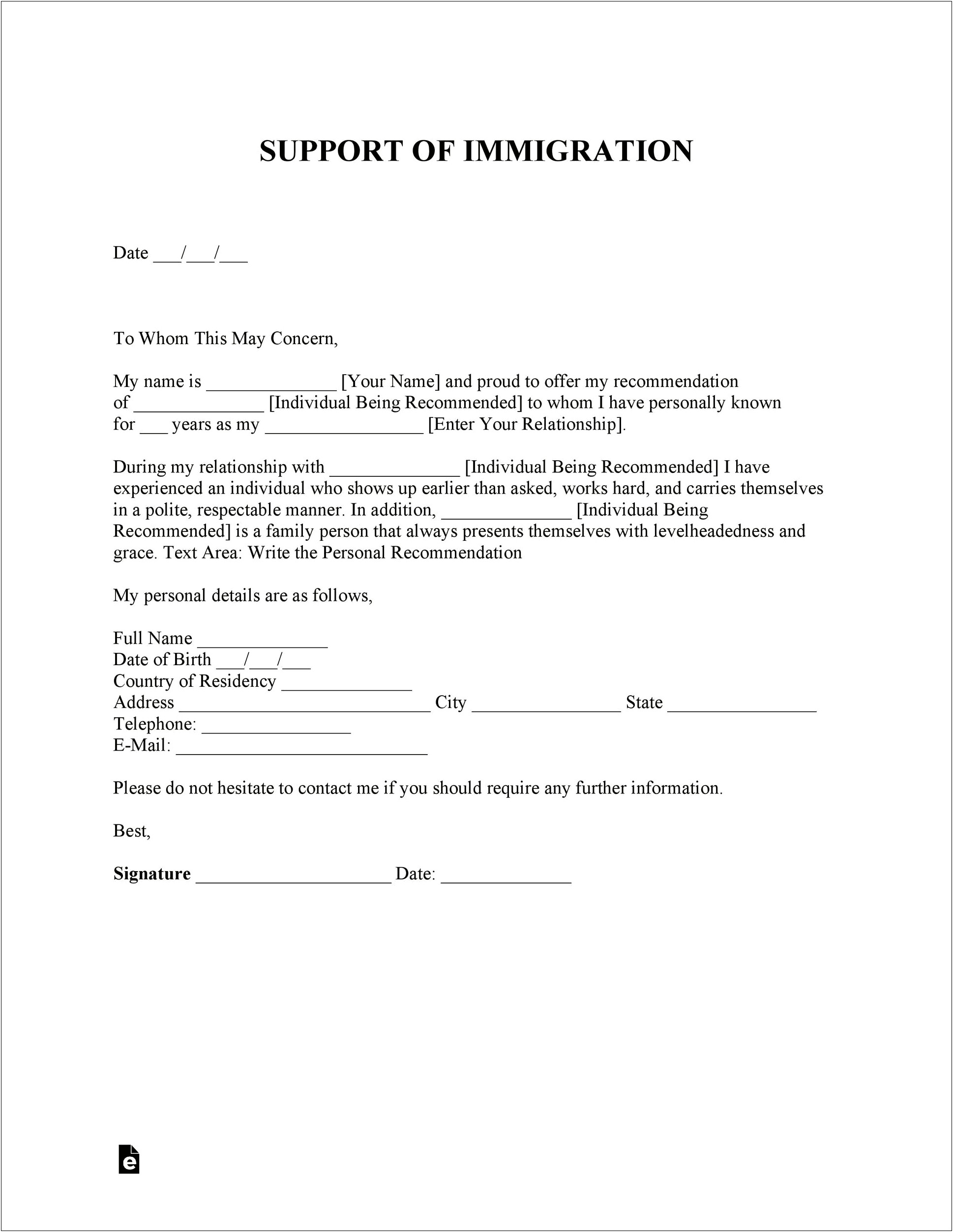 Financial Support Letter For Immigration Template