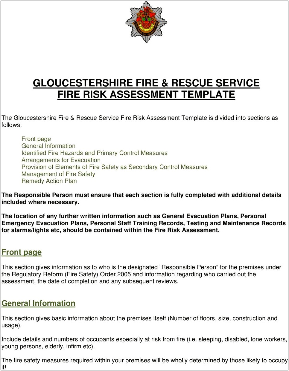 Fire Risk Assessment Action Plan Template