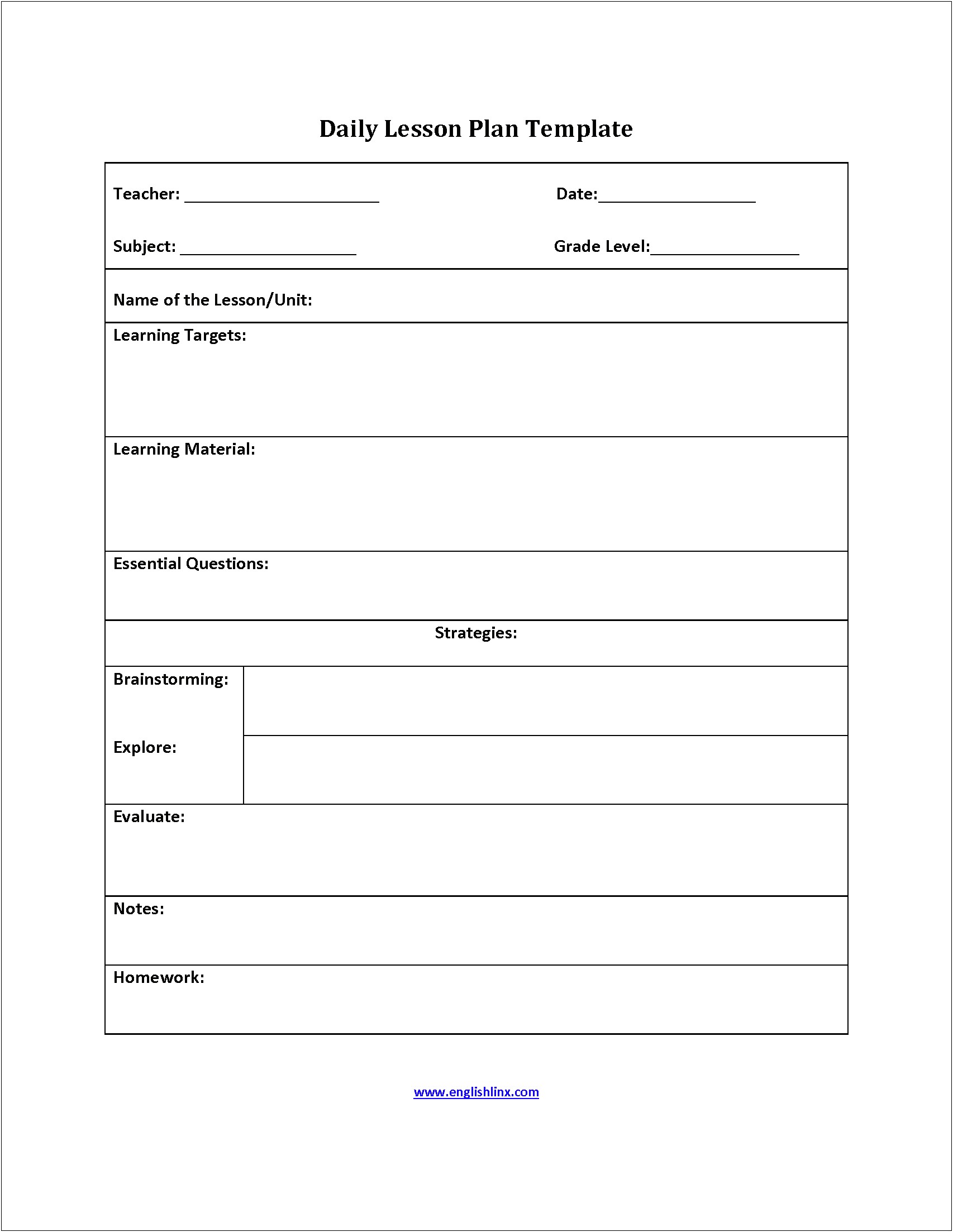 First Grade Daily Lesson Plan Template